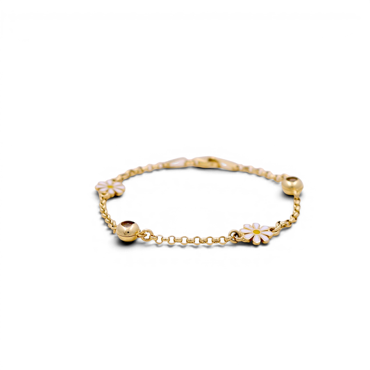 14K Yellow Gold Rolo Women's Bracelet with Flowers / Size: 6" / Weight: 3.1 GR / DCFWB4FL