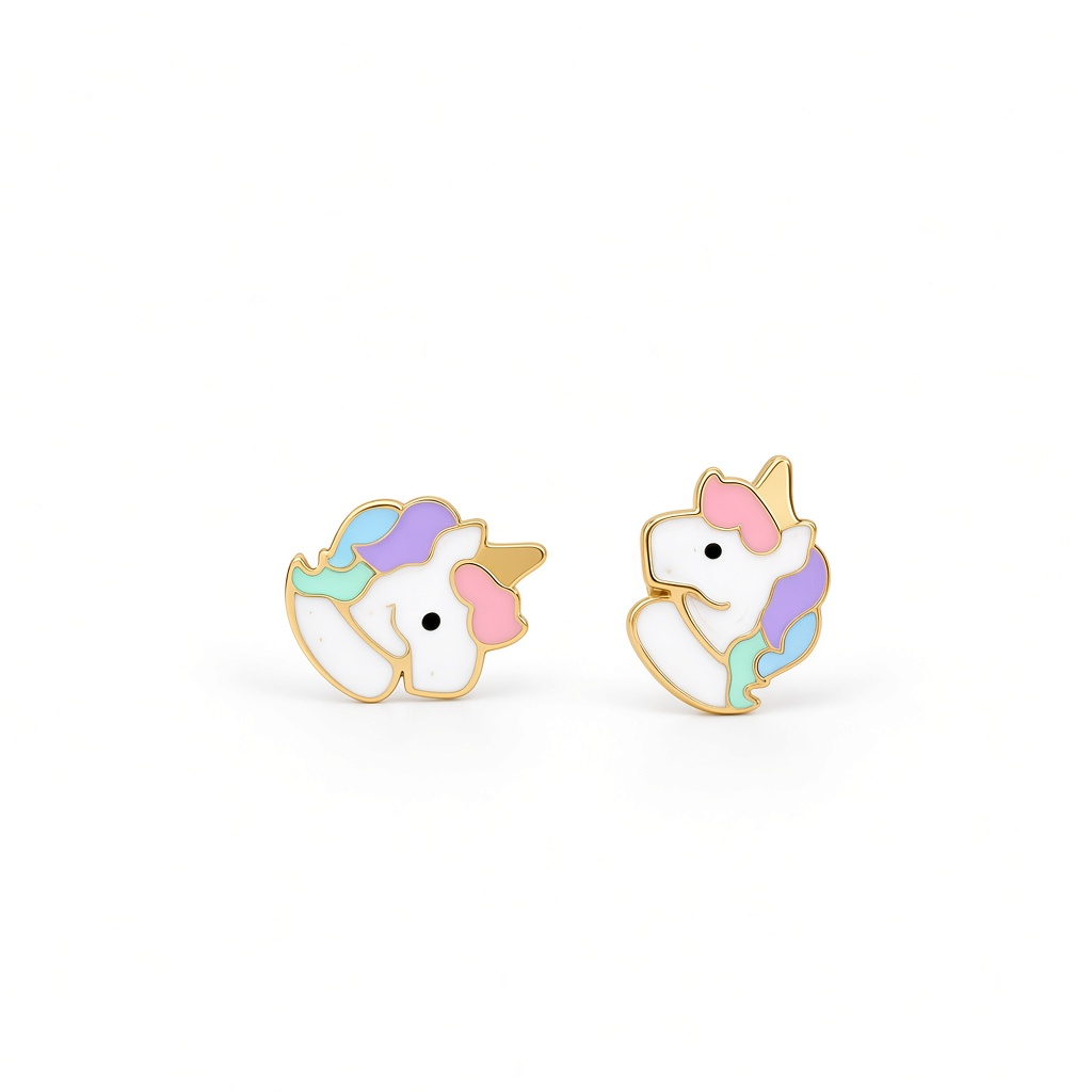 14K Yellow Gold Colorful Unicorn Stud Earrings / 6-367501P