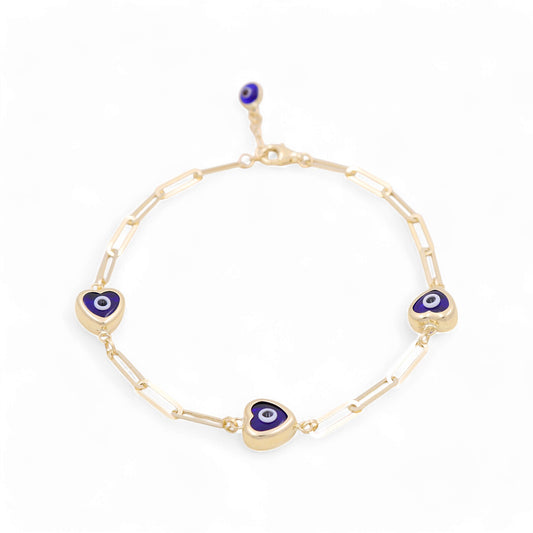 14K Yellow Gold Women's Paperclip Heart with Blue Eye Bracelet / Size: 7.5" / Weight: 3.5 GR / BOWB4PCEY
