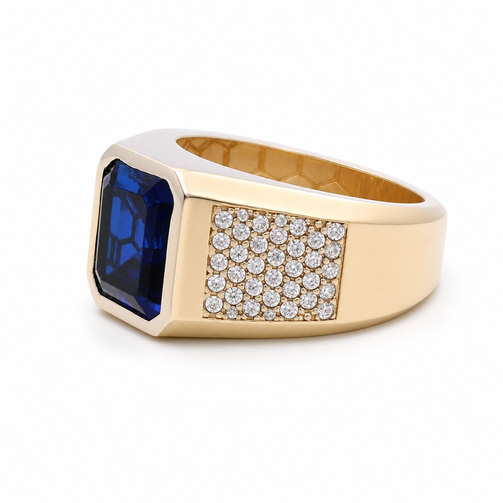 14K Yellow Gold Fashion Men's Ring with Blue and White Cz / Size 11 / Weight 10.9 GR / BOMR4FS-1