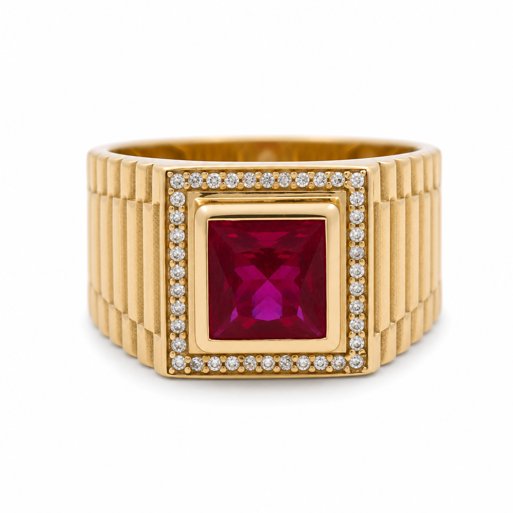 14K Yellow Gold Fashion Square Men's Ring with Red Cz / Size 10 / Weight: 8.6 GR / COMR4FS-74