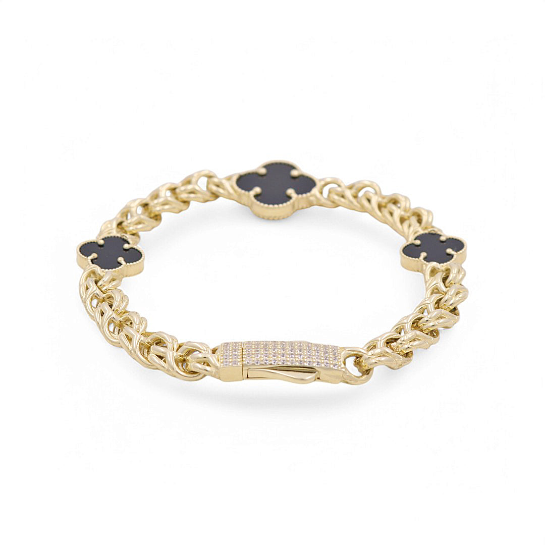 10K Yellow Gold Chinese Link Women's Bracelet with Three Black Clover / CZ / Size: 7.5" / Weight: 13 GR / DPWB0CLV-1