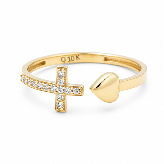 10K Yellow Gold Cross and Heart Women's Ring with Cz / Size: 8.5 / Weight: 0.9 GR / DQWR0CS