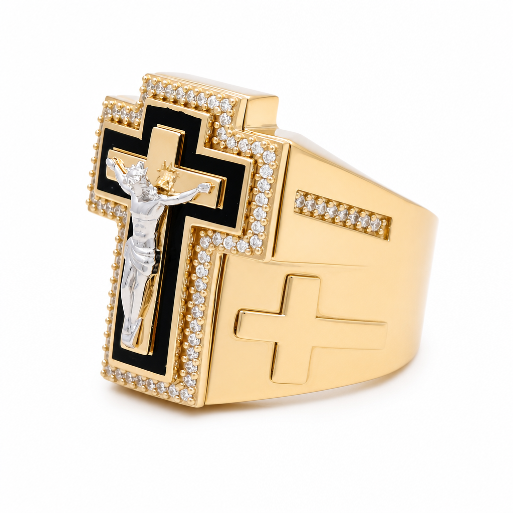 14K I Yellow Gold Men's Ring with a Cross and Christ / Stone: Onyx Cz / Size: 11 / Weight: 13.3 GR / 711-00198