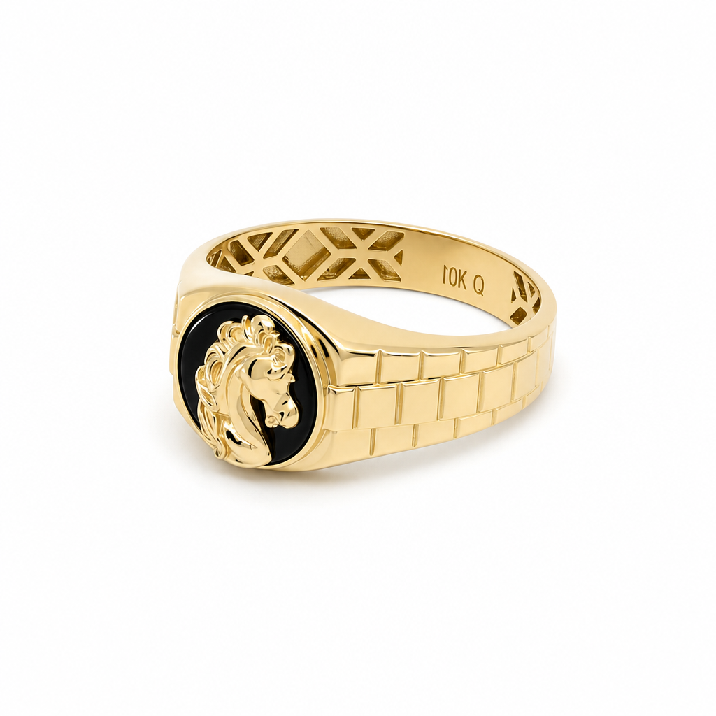 10K Yellow Gold Horse Men's Ring with Onyx Stone / Size: 10.5 / Weight: 4.2 GR / CQMR0HRS