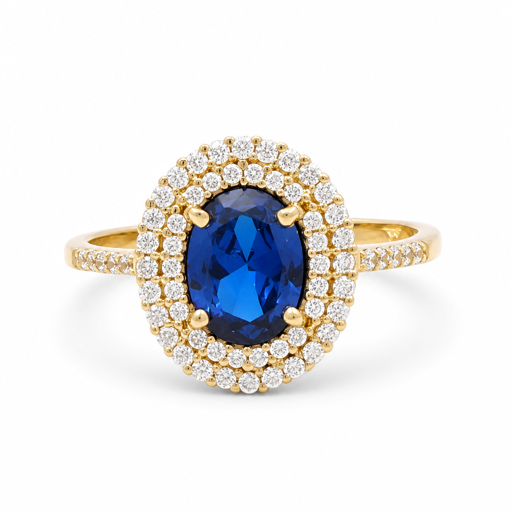 14K Yellow Gold Fashion Women's Rings with Blue and White Cz Stone / Size: 6.5 / Weight: 3.1GR / 308-00169