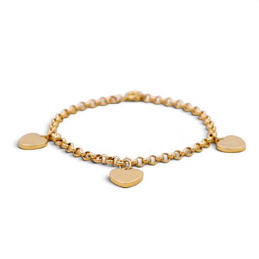 10K Yellow Gold Rolo Women's Bracelet with Three Hearts / Size: 7.5"  / Weight: 3.9 GR / B25-13