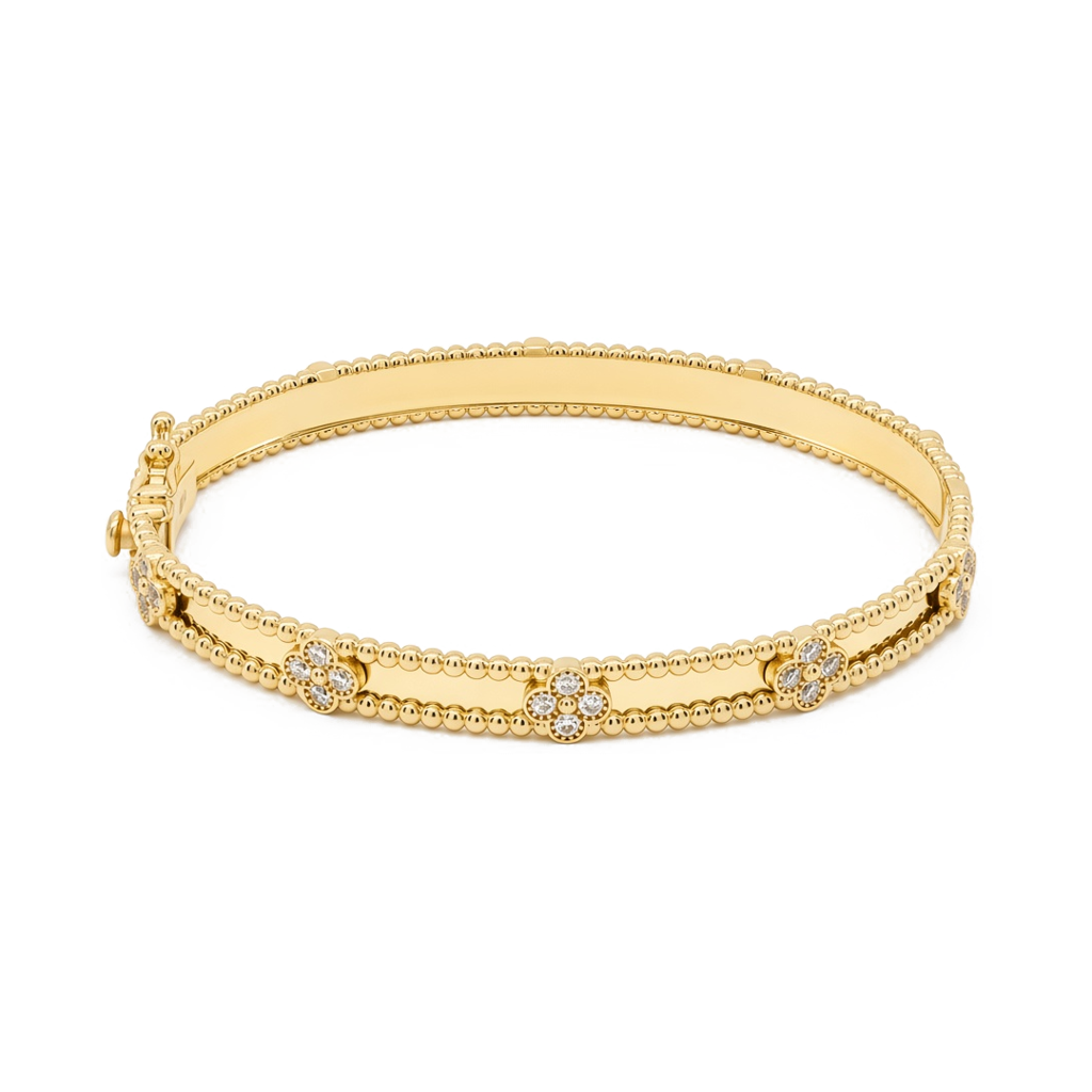 14K Yellow Gold Fashion Clover Women's Bangle Bracelet with Cz / Size: 18" / Weight: 11.8 GR / P61B-518