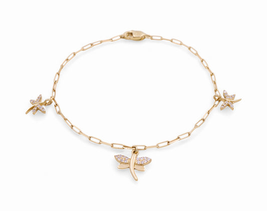 14K Yellow Gold Women's Paperclip Dragonfly Bracelet / CZ / Size: 7.5" / Weight: 2.7 GR / P13B-739