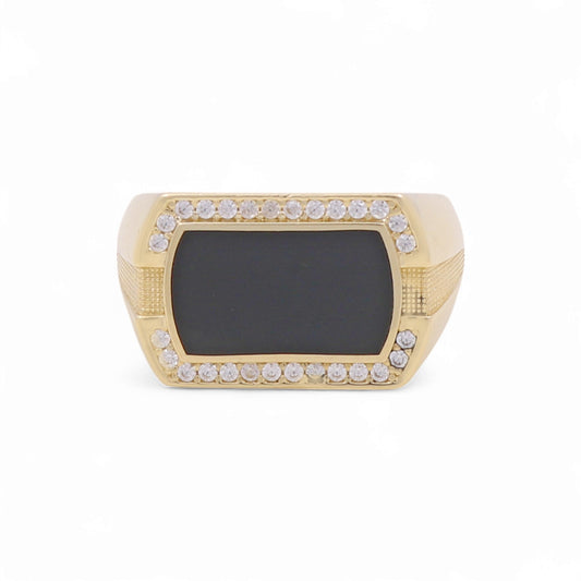 14K Yellow Gold Fashion Men’s Ring with Onix and Cz / Size 11 / Weight: 9.6 GR / DOMR4FS-7