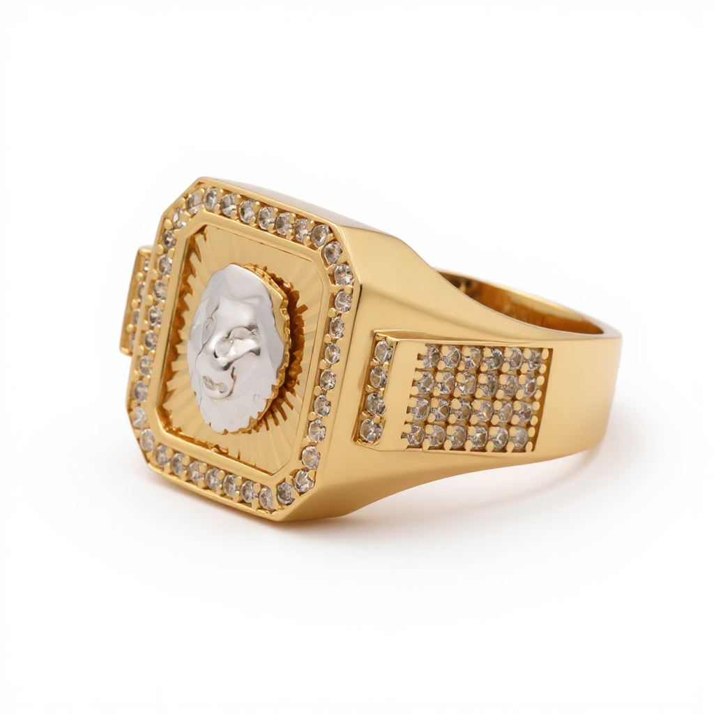 14K Yellow and White SQ Gold Lion Men's Ring with Cz / Size 11 / Weight 6.4 GR / DOMRTT4LN-1