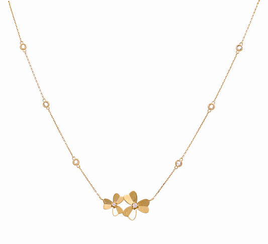 14K Yellow Gold Women's Fashion Two Flowers Necklace / CZ / Size:17" / Weight: 3.7 GR / P55S-5