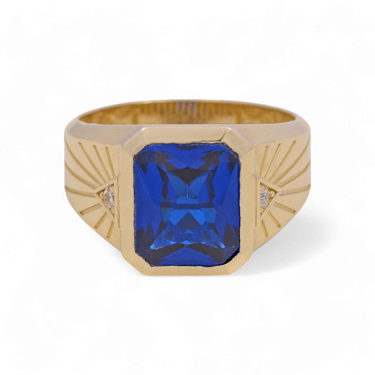 14K Yellow Gold Cuadrado Fashion Men's Ring with Blue Cz / Size: 10 / Weight: 6.5 GR / COMR4FS-63