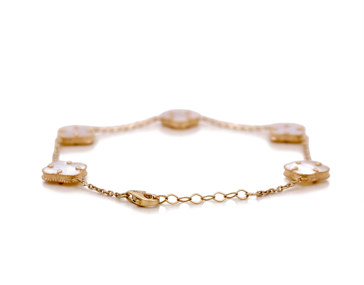 10K Yellow Gold Five mother of Pearl Clover Women's Bracelet / Size: 7.5” 11MM / Weight: 3.8 GR / DQWB0CLV-5