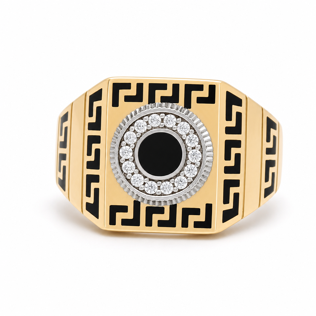 14k Yellow and White Gold Square Men's Ring with Black Enamel and Cz / Size 13 / Weight 8.5 GR / COMRTT4FS3
