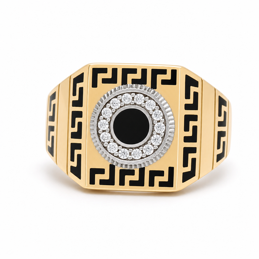 14k Yellow and White Gold Square Men's Ring with Black Enamel and Cz / Size 13 / Weight 8.5 GR / COMRTT4FS3