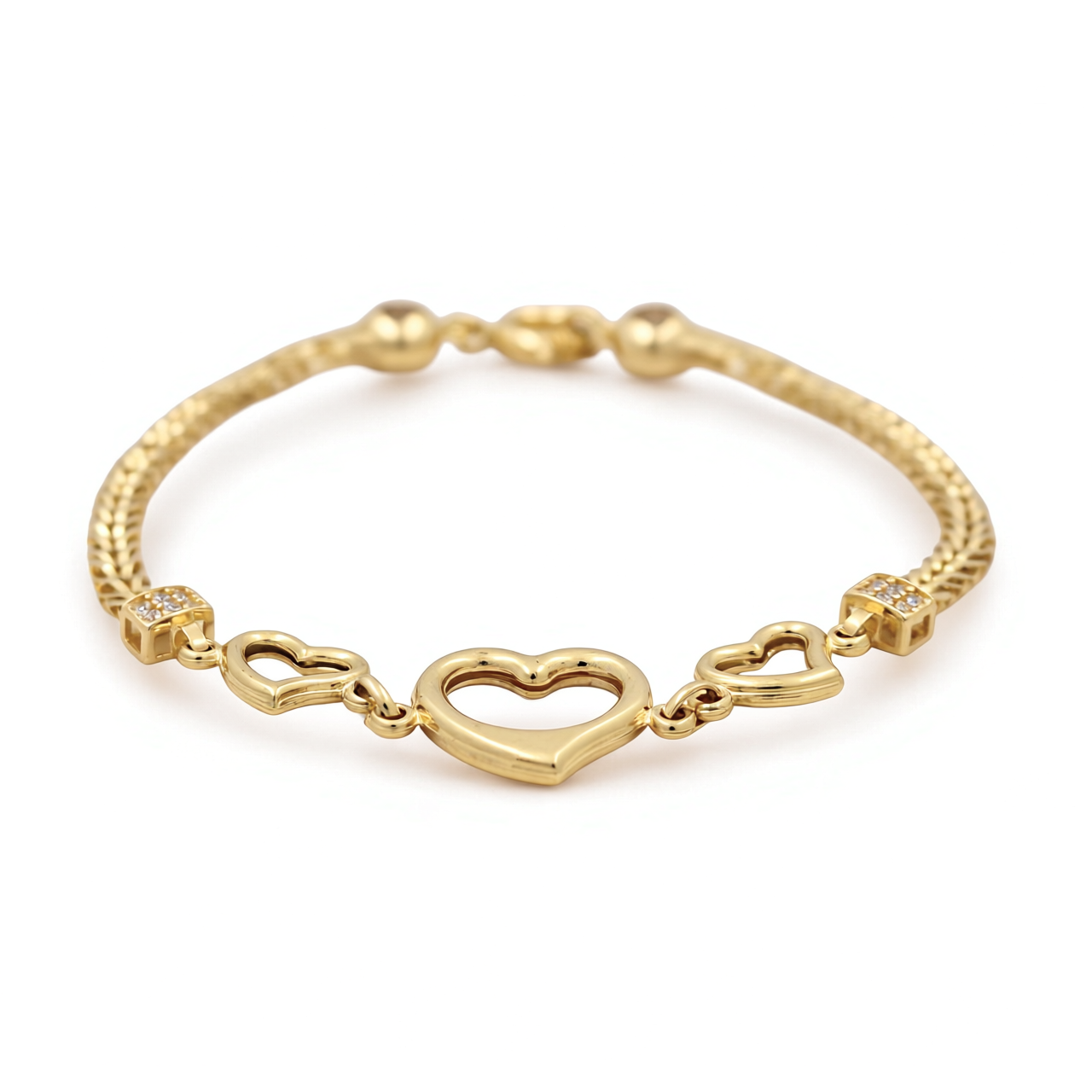 14K Yellow Gold Fashion Women's Bracelet with Three Hearts and Cz / Size 7.5" / Weight: 5.8 GR / DOWB4HR-2
