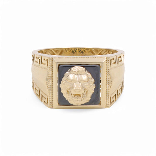 10K Yellow Gold Lion SQ Men's Ring with Greek and Onyx / Size: 9.5 / Weight: 5.8 GR / BPMR0LNGR