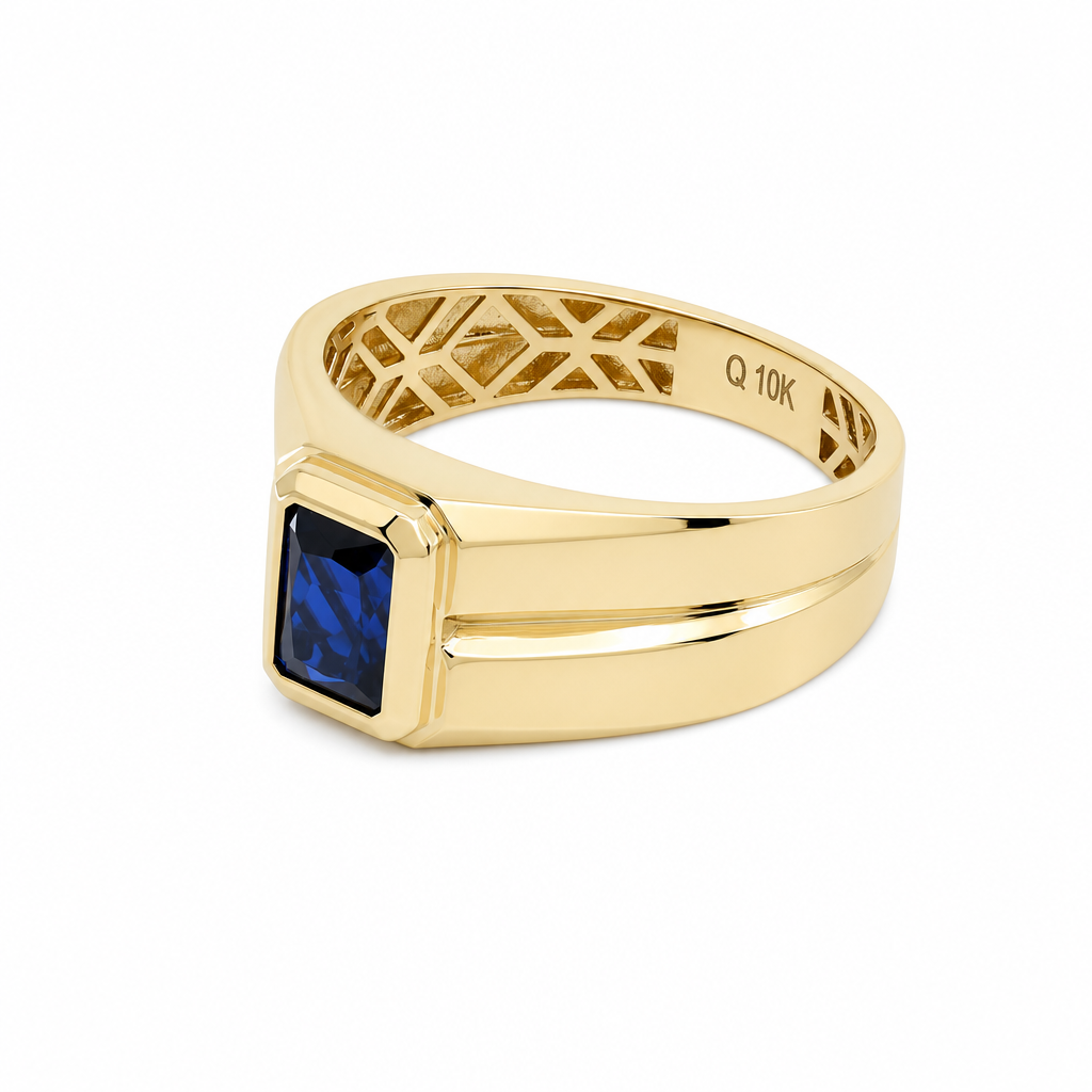 10K Yellow Gold SQ Men's Ring with Blue Cz / Size: 11 / Weight: 4.3 GR / DQMR0FS-13