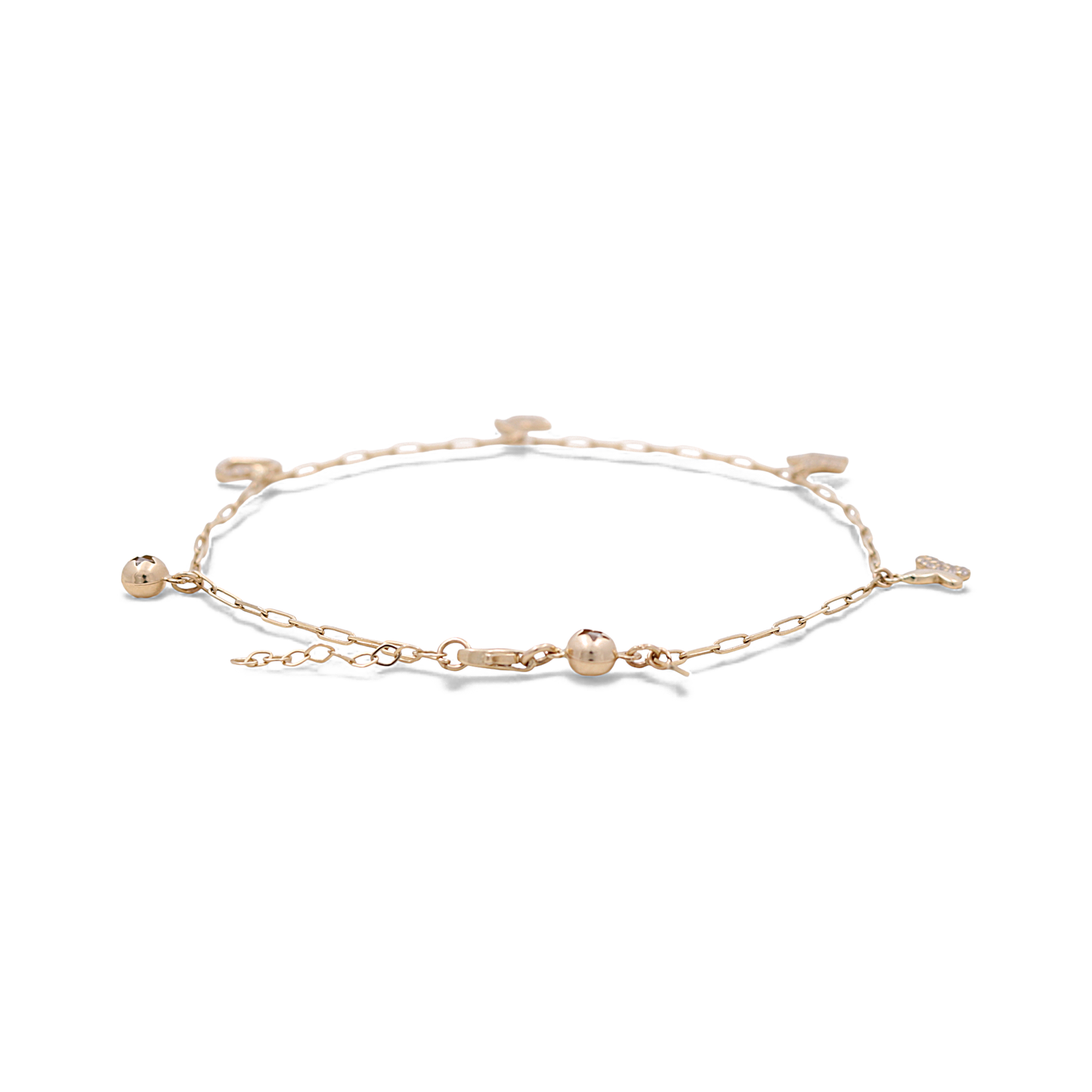 14k Yellow Gold Paper Clip Link Women's Anklet Bracelet with Charms and Cz / Size: 10.5" / Weight: 5 GR / CCFAB4PC-1