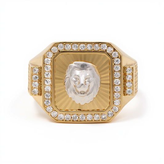 14K Yellow and White SQ Gold Lion Men's Ring with Cz / Size 11 / Weight 6.4 GR / DOMRTT4LN-1