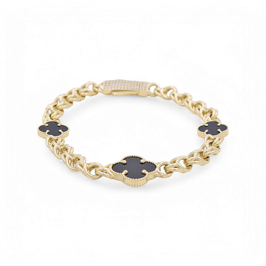 10K Yellow Gold Chinese Link Women's Bracelet with Three Black Clover / CZ / Size: 7.5" / Weight: 13 GR / DPWB0CLV-1