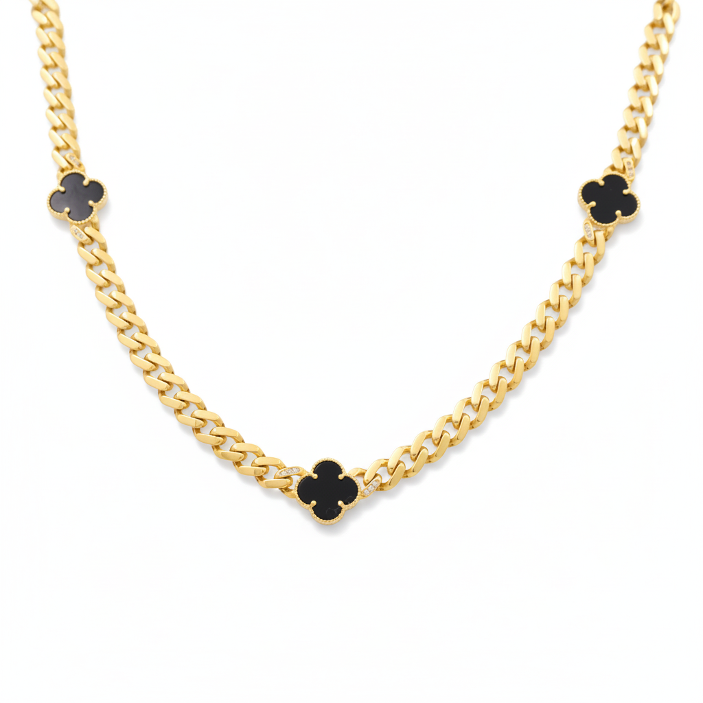 10K Yellow Gold Monaco Women's Necklace with Three Black Clover/ CZ / Size: 18" / Weight: 16.1 GR/ CQNK0MONCLV-1