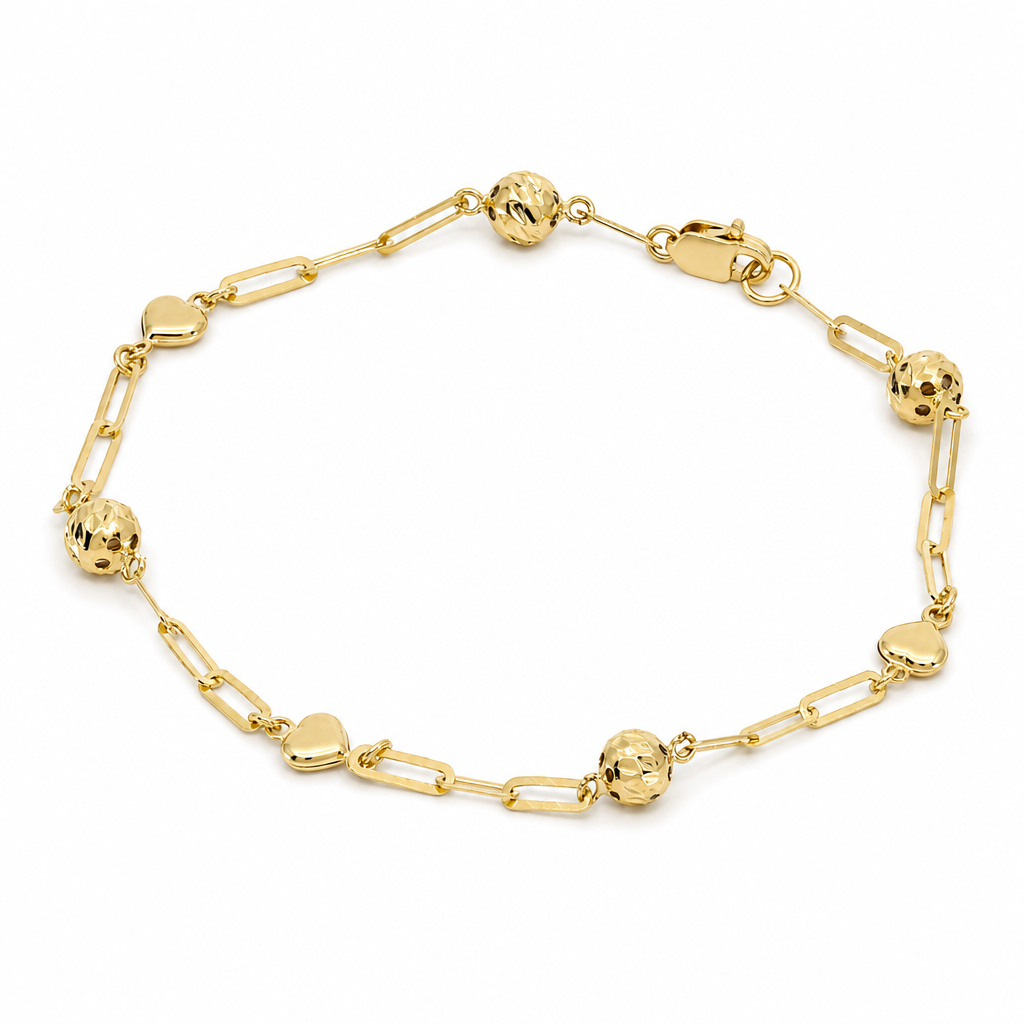 14K Yellow Gold Paper Clip Women's Bracelet with Hearts and Balls / Size: 7'' / Weight: 2.3 GR / BCFWB4PCHR