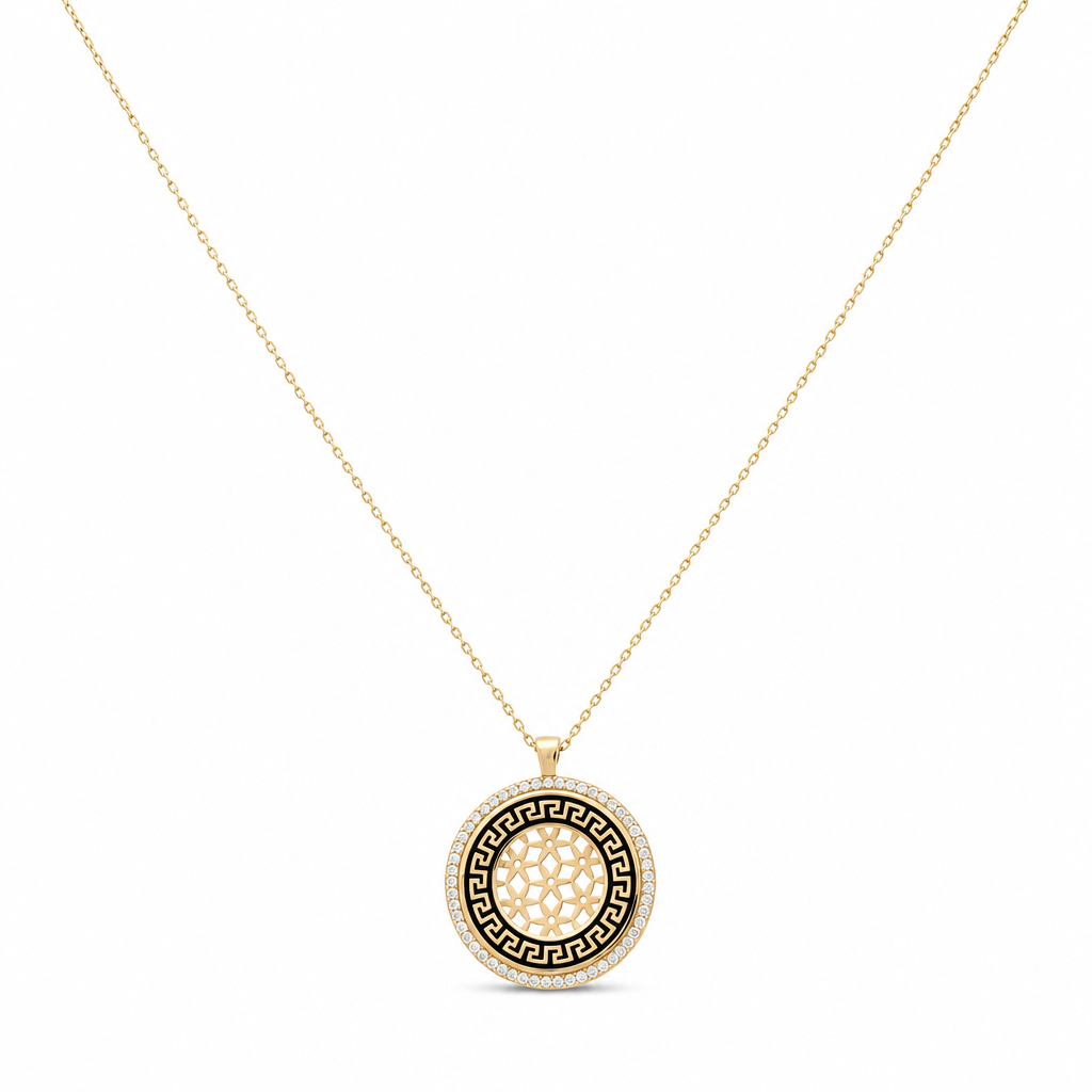 14K Yellow Gold Women's Necklace With Greek and Flowers Pendant / Stone: Cz / Size: 16" / Weight: 4.3 GR / CCNK4FL-1
