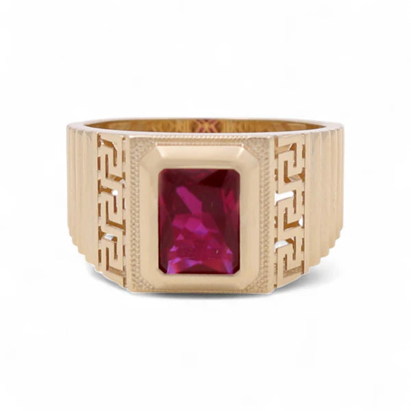 10K Yellow Gold SQ Men's Ring With Red Cz and Greek / Size: 10 / Weight: 4.7 GR / DQMR0GR