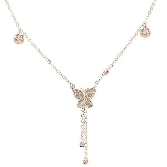 14K Yellow, White and Rose Gold Fashion Women's Necklace With Butterfly Pendant / Size: 18" / Weight: 6.1 GR / Stone: Cz / CONK3T4FS-1