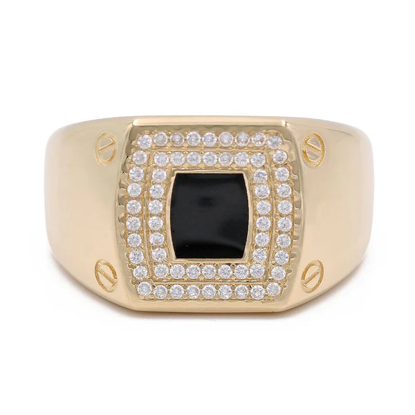 14k Yellow Gold Square Men's Ring with Black Enamel and CZ / Size 11 / Weight: 8.9 GR / COMR4SQBECZ