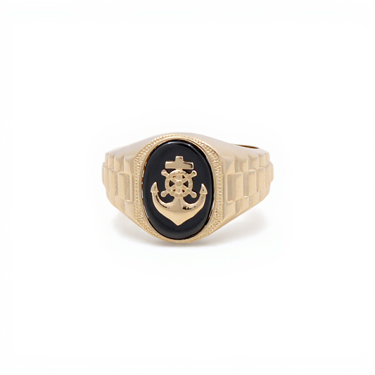 10K Yellow Gold Oval Anchor Men's Ring with Onyx / Size: 11 / Weight: 5.9 GR / CQMR0AN-2