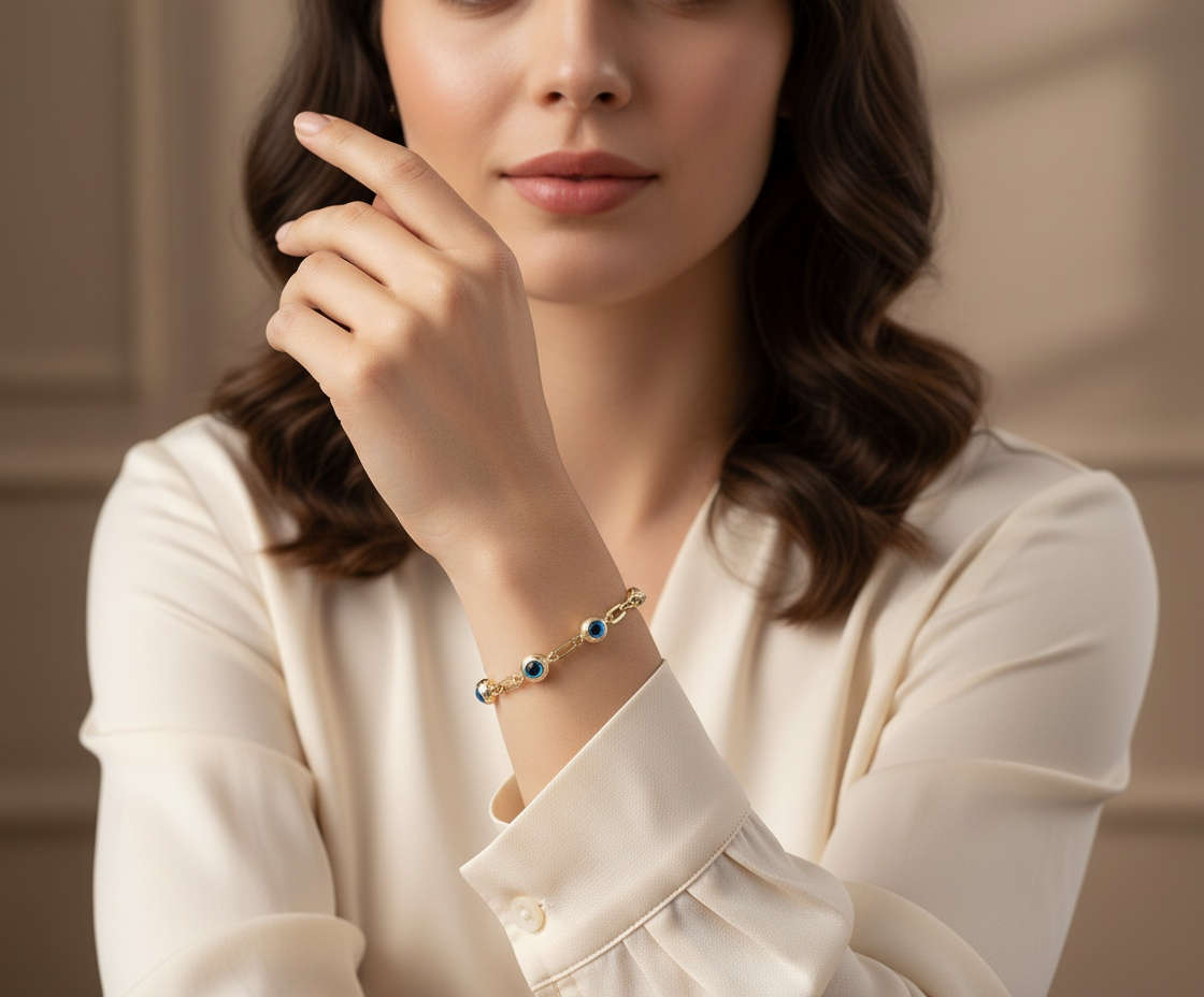 14K Yellow Gold Women's Evil Blue Eyes Bracelet / Size: 8" / Weight: 3.6 GR / BOWB4EY-4