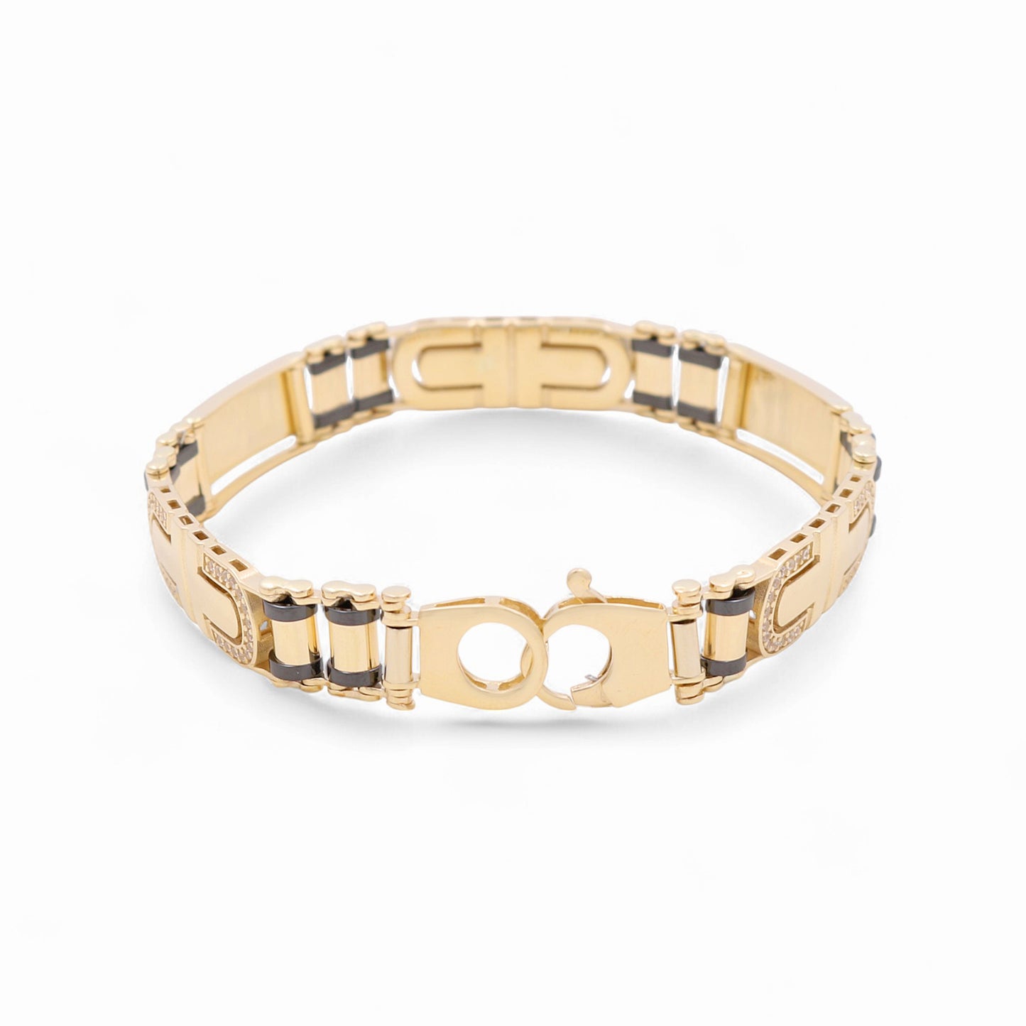 14K Yellow Gold Semisolid Italian Men's Bracelet with Onyx and Cz / Size: 8" / Weight: 20.6 GR / 120-03098