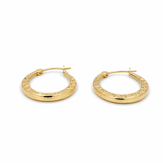10K  Yellow Gold Women's Hoops Earring with Greek Desing  / Size: 2mmx13.5mm / Weight: 1.1 GR / DQEH0GR2X13.5