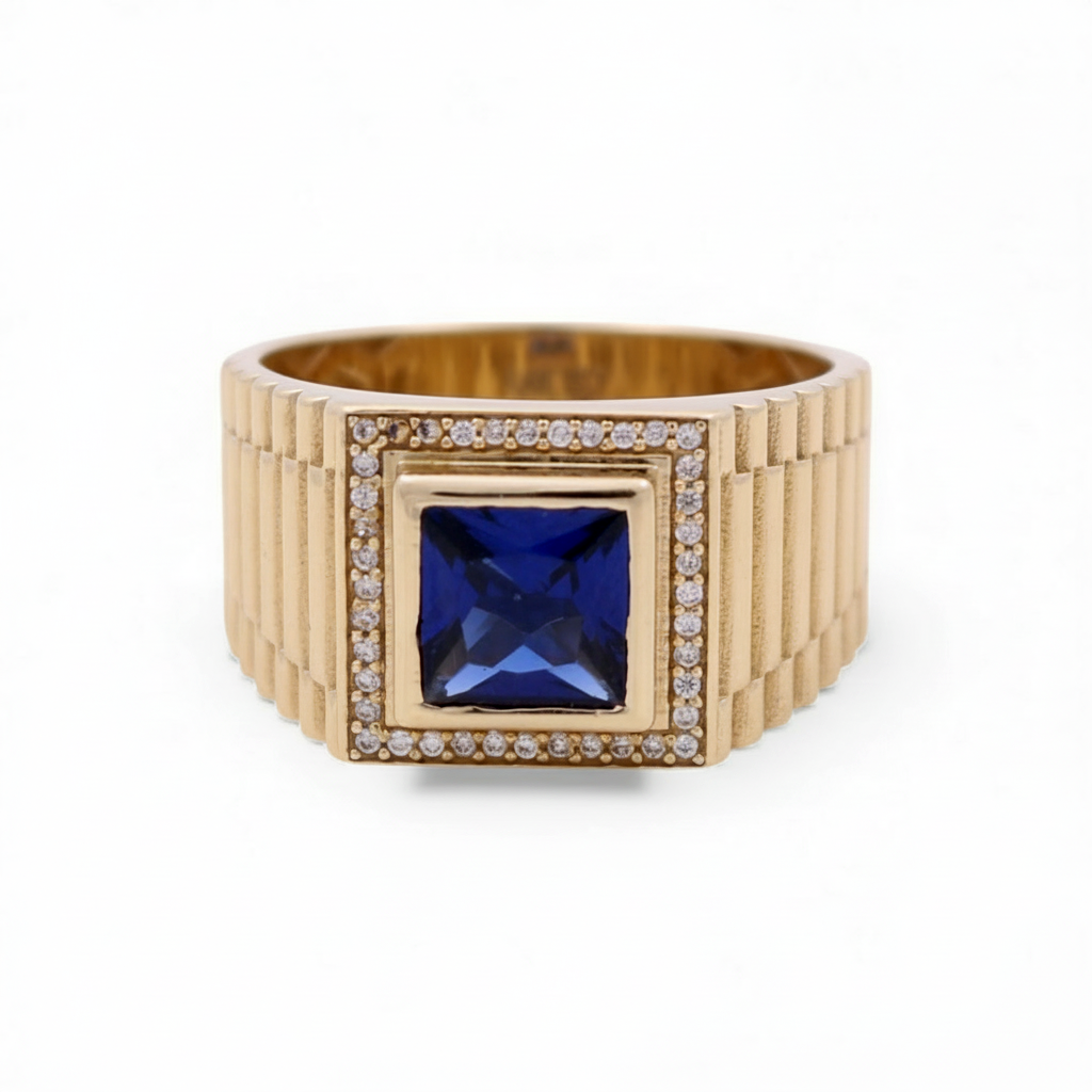 14K Yellow Gold Fashion Square Men's Ring with Blue Cz / Size 10 / Weight: 8.3 GR / COMR4FS-74