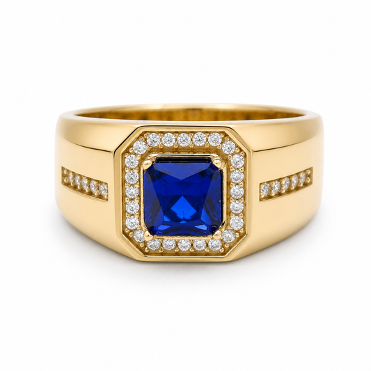 10K Yellow Gold Men's Ring with Cz and Royal Blue Stone / Size: 10 / Weight: 5.1 GR / 602-00214