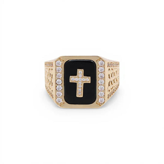 10K Yellow Gold SQ Cross Men's Ring with Onyx and Cz / Size: 10.5 / Weight: 7.7 GR / BQMR0CS