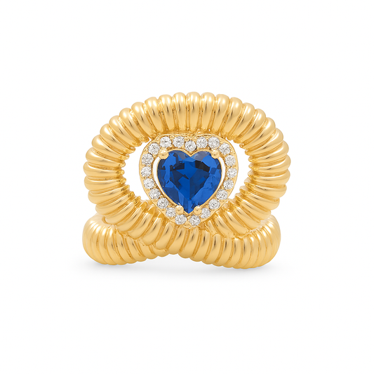 14K Yellow Gold Fashion Heart Women's Ring with Blue and White Cz / Size: 7.5 / Weight: 6 GR / DQWR4HR-13