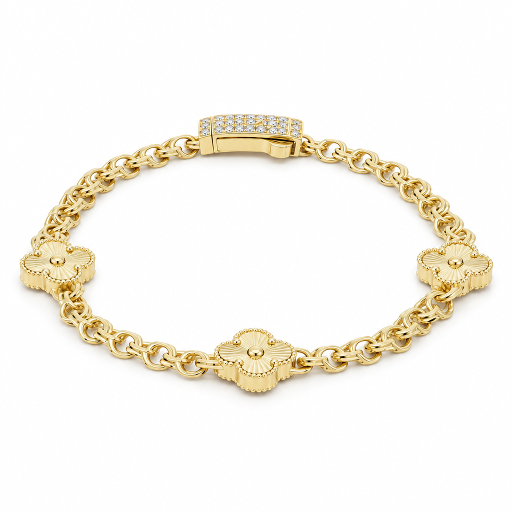 14K Yellow Gold Chinese Women's Bracelet with Three Clovers / Size: 7.5'' / Weight: 9.8 GR / DOWB4CHCLV