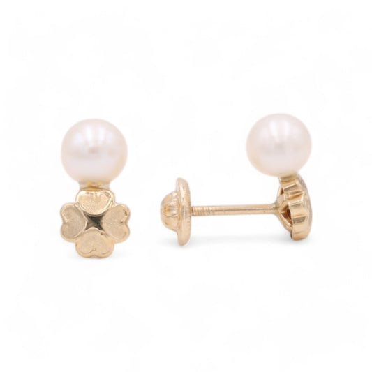 14k Yellow Gold Clover with Pearl Stud Earrings / 6-824401PNF