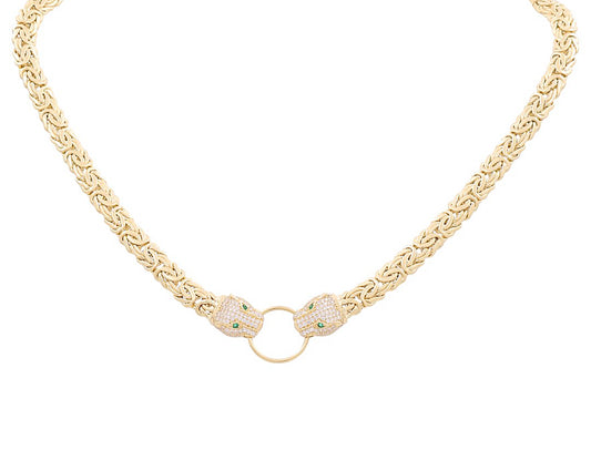 10K Yellow Gold Byzantine Link Necklace with Panther / CZ / Size: 17" / Weight: 18.8GR / P10CS-5