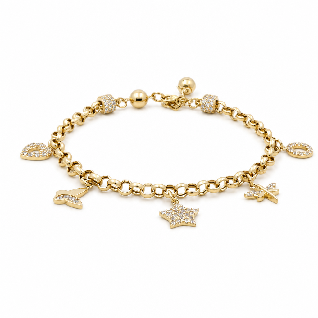 14k Yellow Gold Rolo Link Women's Bracelet with Charms and Cz / Size: 7.5" / Weight: 6.5 GR / CCFWB4FS-15