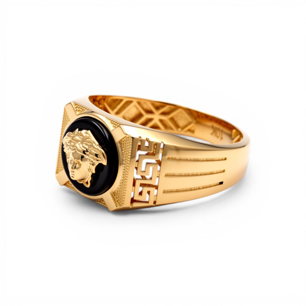 10K Yellow Gold SQ Medusa Men's Ring with Onyx  / Size: 11 / Weight: 4.2 GR / CQMR0VS