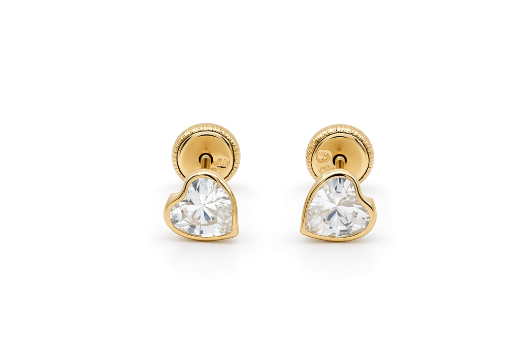 14K Yellow Gold Fashion Heart Stud Earrings with Cz / 6-523501PS5