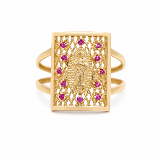 10K  Yellow Gold Women's Ring with Guadalupe Virgin and Cz Stone / Size: 7.5 / Weight: 2.5 GR / CQWR0VG