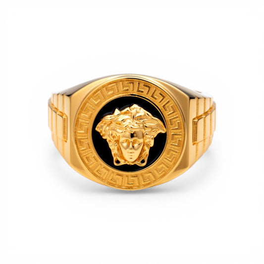 10K Yellow Gold RD Medusa Men's Ring with Onyx and Greek / Size: 11 / Weight: 6.3 GR / CQMR0VSGR