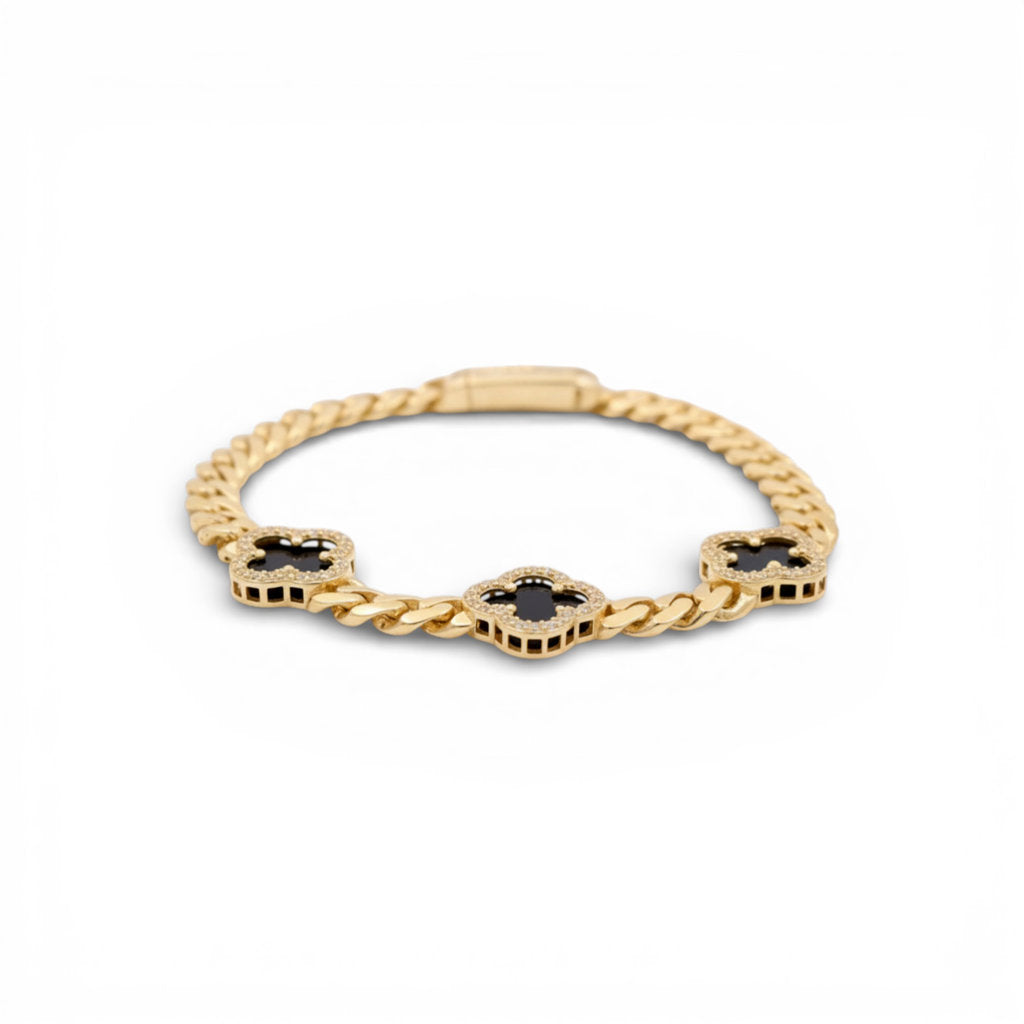 14K Yellow Gold Monaco Bracelet with Black Clover / CZ / Size: 7" 6MM / Weight: 12.8 GR/ COWB4MONCLV