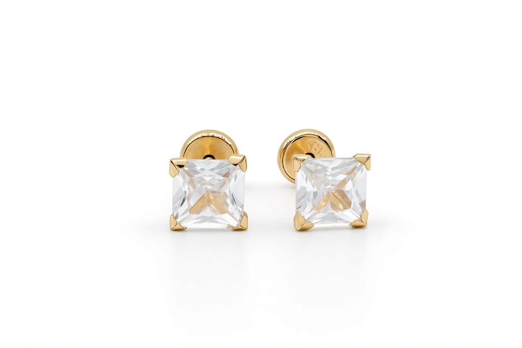 14K Yellow Gold Fashion Stud Earrings with Cz Stone / 6-124501PS6